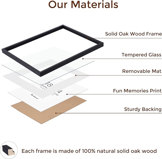 Fun Memories 18x24 Picture Frame Black, Rustic Oak Wood 18 x 24 Poster Frames, Tempered Glass, 18x24 Frame with Mat for 16x20, Minimalist Wood 18 by 24 Frames, 18"x24" Art Frame, 1 Pack