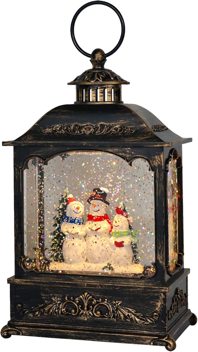 GenSwin Musical Snowman Snow Globe Lantern with 6 Hour Timer, Battery Operated & USB Powered Singing Spinning Water Glittering Snow Globe Lantern Christmas Home Decoration Gift(9.6”,3 AA)
