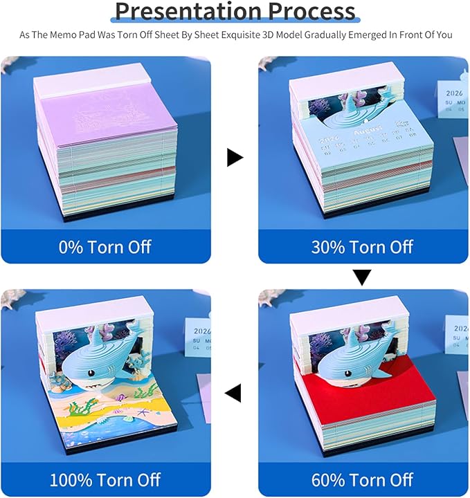 3D Time Piece Calendar 2026 3D Tear Away Art Memo Pad Notepad Desk Calendar with Light,3D Art Calendar Desktop Decoration Gift for Christmas (Ocean Shark)