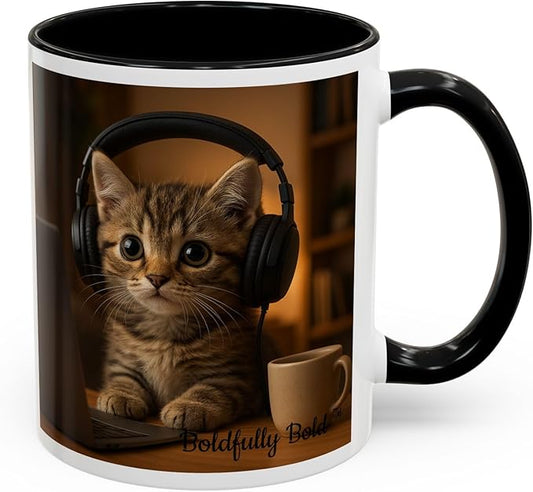 Adorable Cat Coffee Mug, Cute Kitten with Earphones, Pet Lover Gift, Tea Cup, Animal Lover Mug, Coffee Cup