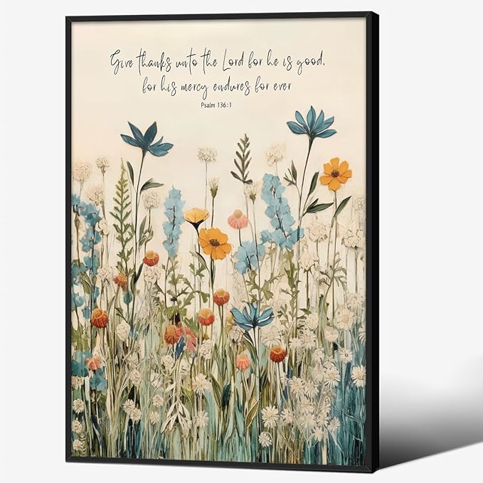 Religious Christian Wildflower Wall Art Bible Verse Scripture Poster Vintage Botanical Canvas Prints 16X24 inch Black Framed for Apartment Bedroom Gallery Wall Decor