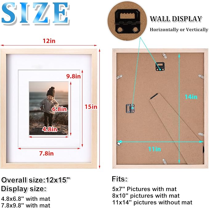 KINLINK 11x14 Picture Frame White Oak, Solid Light Wood Frames with Acrylic Plexiglass for Pictures 5x7/8x10 with Mat or 11x14 without Mat, Tabletop and Wall Display, Set of 4