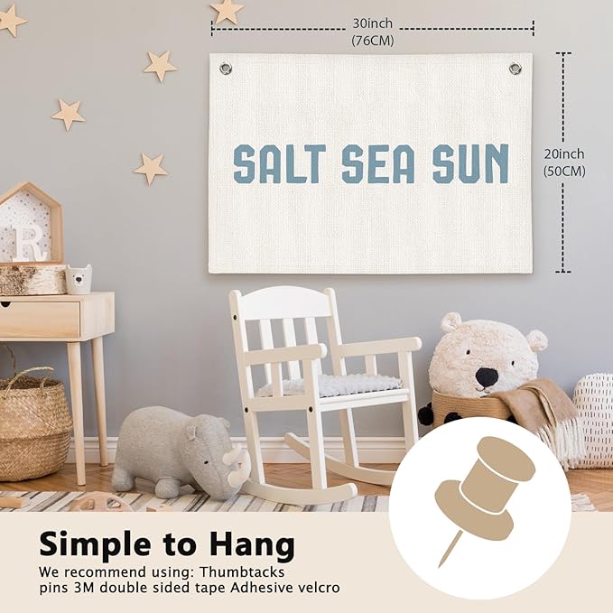 Coastal Beach Salt Sea Sun Kids Room Decor - Linen Banner Wall Hanging Canvas Banner Flag Decor for Kids Toddler Bedroom Nursery Playroom