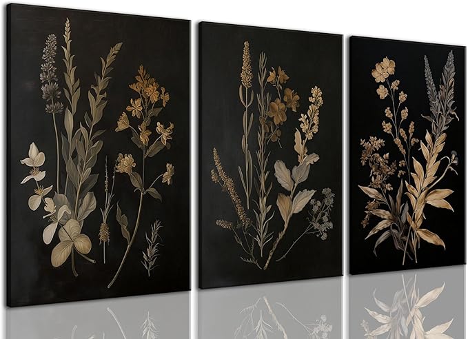 TUEASKY 3 Piece Moody Botanical Canvas Wall Art Vintage Floral Wall Art Boho Dark Flower Decor Black Wildflower Art Prints for Living Room Bedroom16x24in Framed