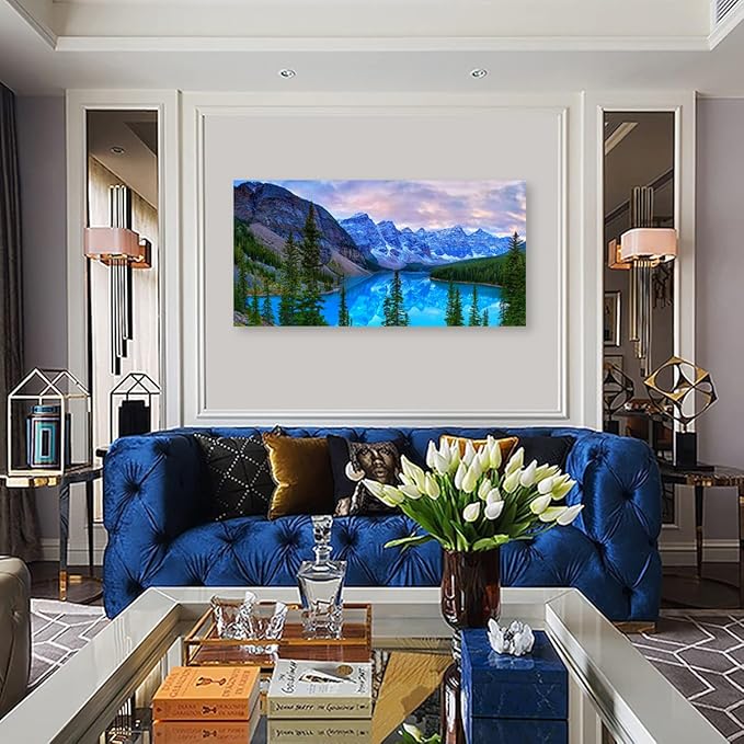 Mountain Lake Wall Art Living Room Wall Decor Banff National Park Nature Landscape Canvas Picture Blue Sky Water Forest Canvas Print Artwork for Bedroom Office Home Framed Ready to Hang 20" x 40"