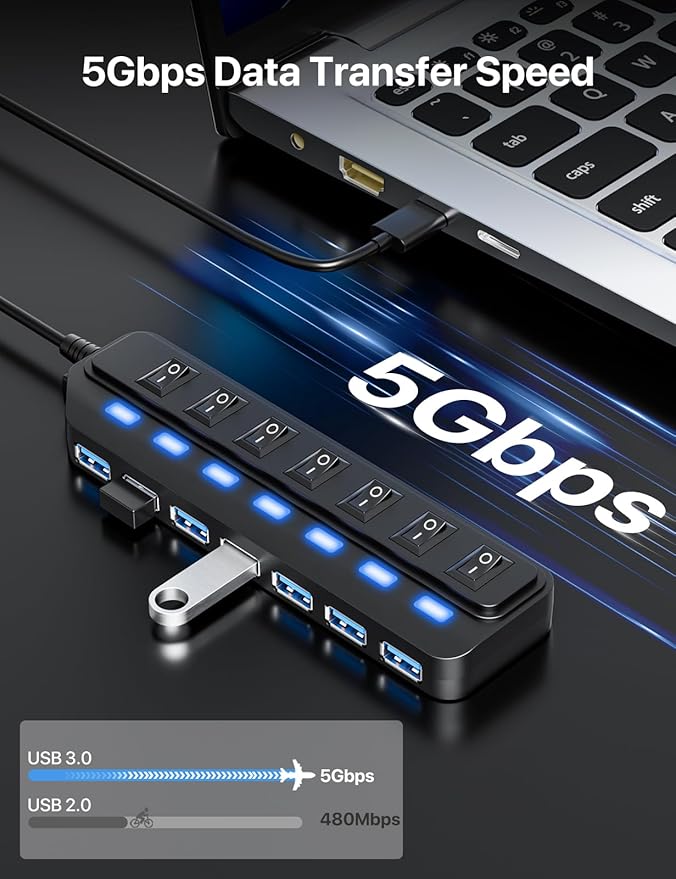 USB Hub 7 Port,USB 3.0 Hub Splitter with Individual On/Off LED Switches, USB Hub for PC, 5Gbps HighSpeed Data for Laptop, Mac, PC, Desktop, PS5, Xbox and More