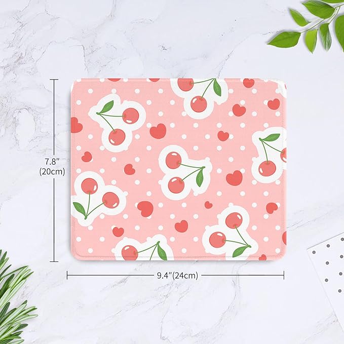 Seorsok Square Cute Funny Mouse Pad,Office Home Personalized Mouse Mat Design,Waterproof Mousepad,Non-Slip Rubber Base Computer Mouse Pads for Wireless Mouse,Pink Cherries and Hearts