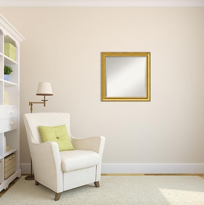 Amanti Art Gold Wall Mirror 24x24 Colonial Embossed Gold Square Bathroom Mirror for Wall Decor Living Room, Medium Traditional Wood Frame, Hangs Horizonally and Vertically, Bathroom Decor, Beveled
