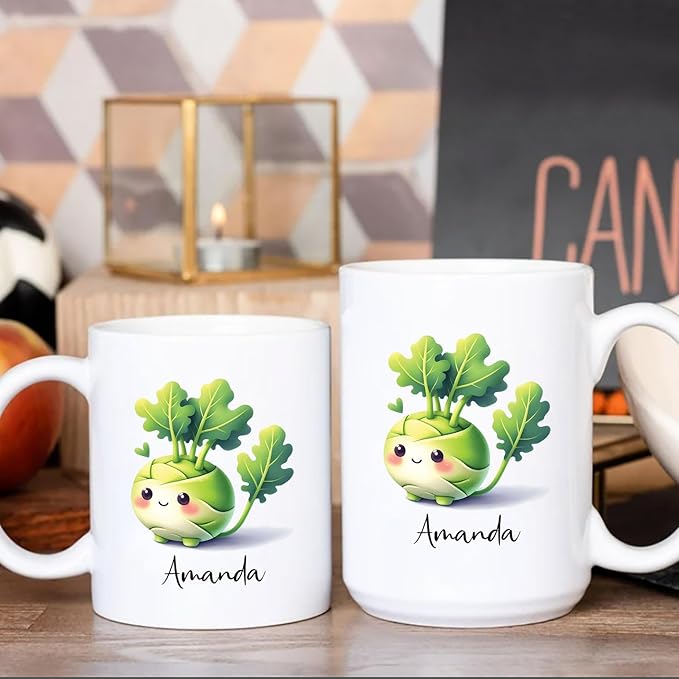 Personalized Name Kohlrabi Travel Mug Gift For Vegetable Enthusiasts, Customized Cute Kohlrabi Vegetable White Coffee Cup 11oz 15oz, Kohlrabi Lovers Mug, Vegan Teacup, Funny Kohlrabi Pottery Mug