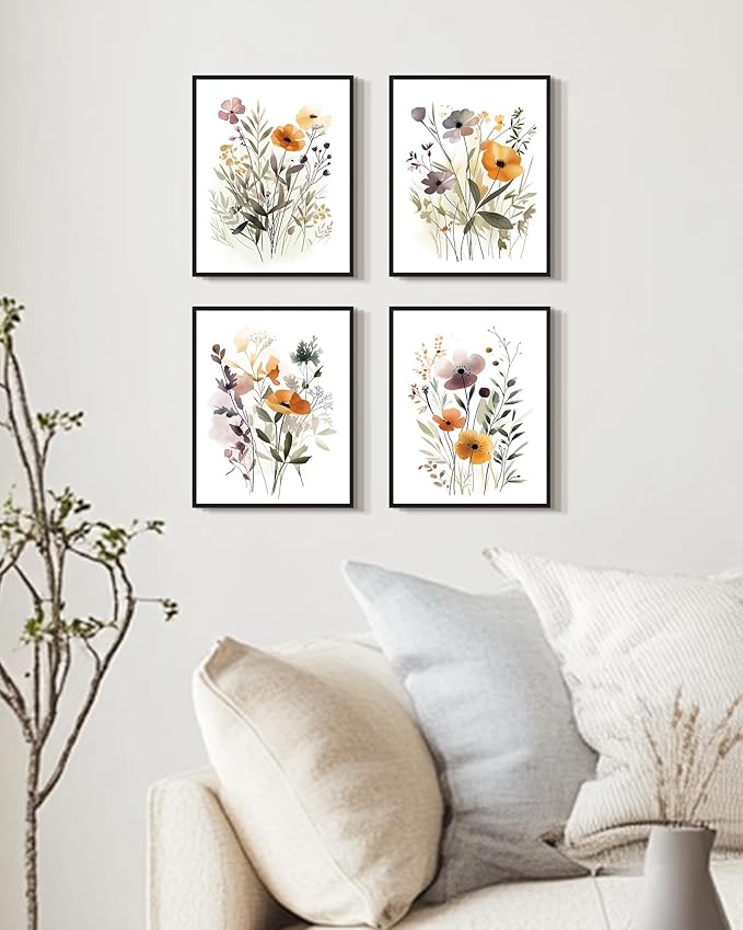 Drsoum Wildflower Bouquet Boho Framed Wall Art Wooded Minimalist Aesthetic Botanical Flower Prints Modern Plants Bathroom Kitchen Home Decor Ready to Hang 8x10inx4pcs (Black Framed)