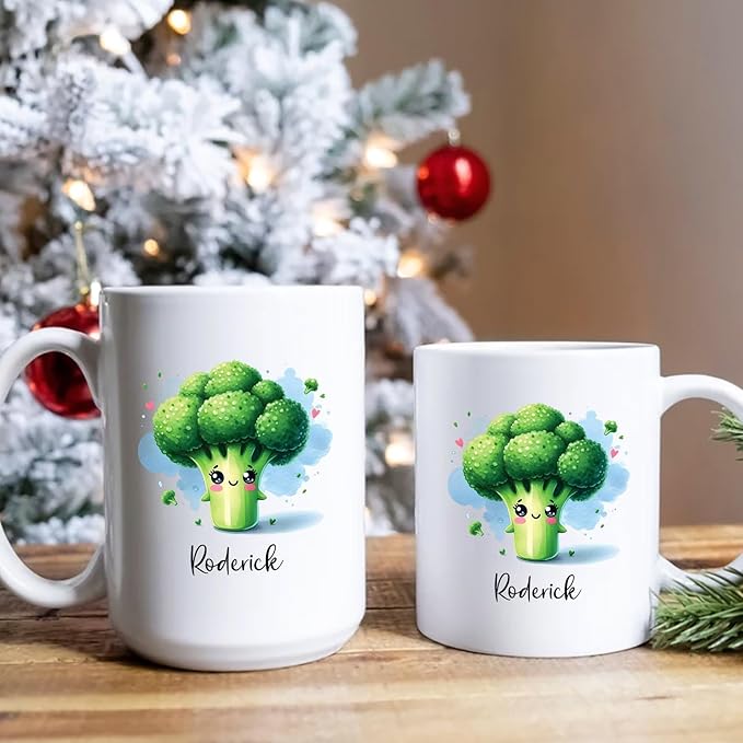 Personalized Cartoon Broccoli Coffee Mug With Kid Name, Awesome Broccoli Travel Cups For Healthy Vegetable Lovers, Custom Broccoli Lover Ceramic Mug 11oz 15oz, Vegan Teacup Gifts, Broccoli Fans Mugs