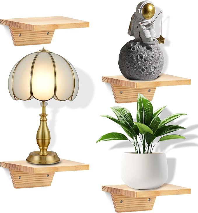 PHOENANCEE Small Floating Shelves,Trapezoid Wall Shelf for Speaker Table Lamp Plants Display,Decorative Wood Ledges Chic for Living Room,Bedroom,Kitchen,Office,Pine,8x6 Inch,2 Pack（Natural Wood）