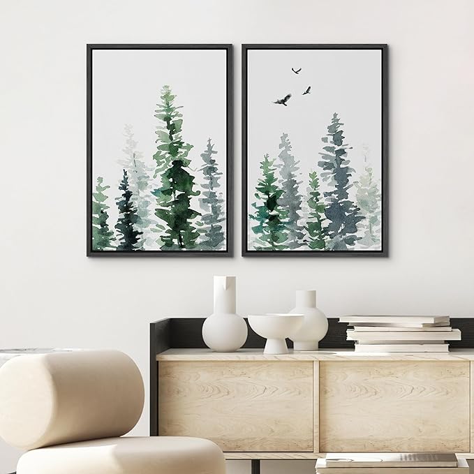 SIGNWIN Framed Wall Art Print Set Watercolor Green & Gray Forest and Birds Nature Wilderness Illustrations Modern Art Rustic Relax/Calm Multicolor for Living Room, Bedroom, Office - 24"x36"x2 Black