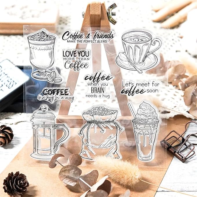 Coffee Beans Cup Stamps and Cutting Dies for Card Making DIY Transparent Silicone Clear Stamp and Metal Die Cuts Sets for Scrapbooking Paper Greeting Cards Decor Seals Craft Supplies