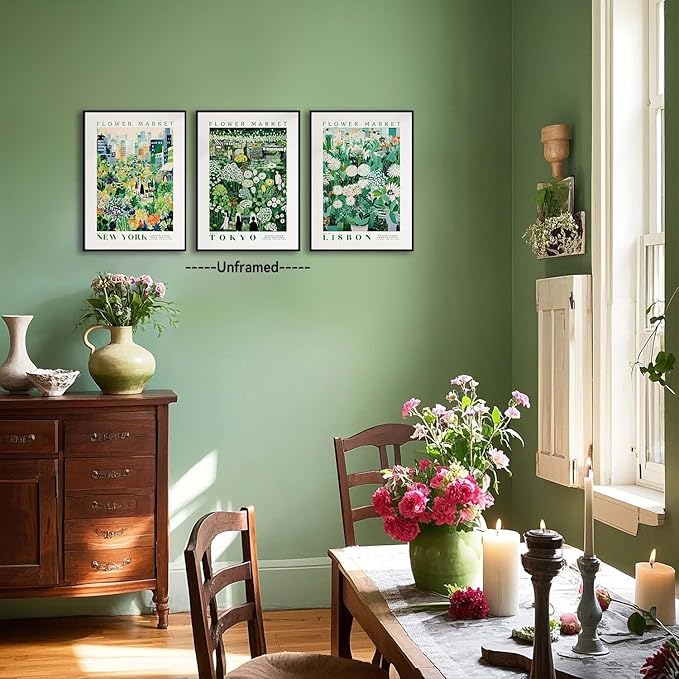 XLARTMY Flower Market Wall Art Prints Canvas Green Yellow White Floral Paintings Colorful Botanical Travel Flower Posters for Home Decor Pictures Set of 3 for Living Room Bedroom 12x16in Unframed