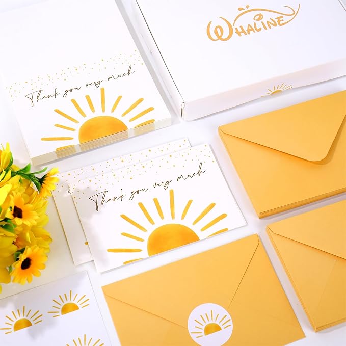 Whaline 50 Packs Baby Shower Thank You Cards Greeting Card Boho Sun Sunshine Blank Note Cards with Envelopes and Stickers Boxed for Birthday Holiday Baby Shower, 4 x 6 Inch
