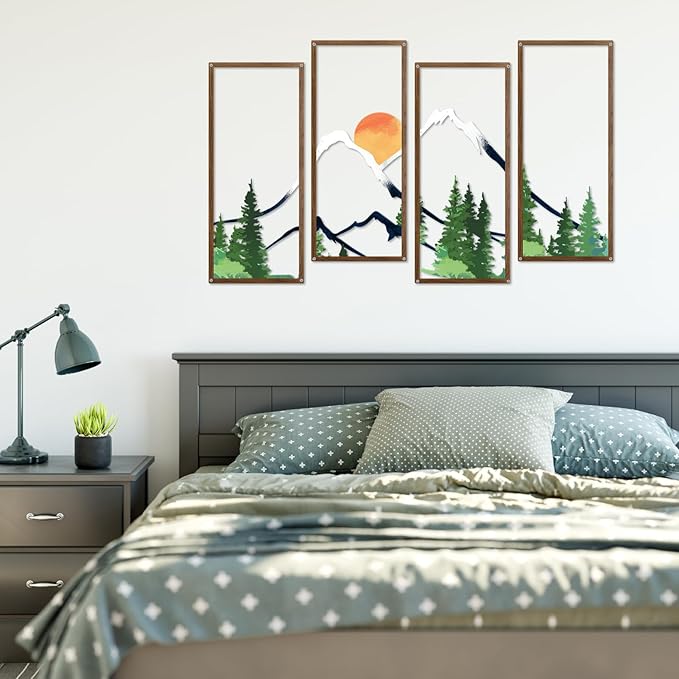 ruelen 4 Pcs Metal Sunset Mountain Forest Wall Art Mountain Line Decor Abstract Minimalist Wall Sculpture Rustic Nature Wall Decor for Home Office Bathroom Bedroom Living Room (Green)