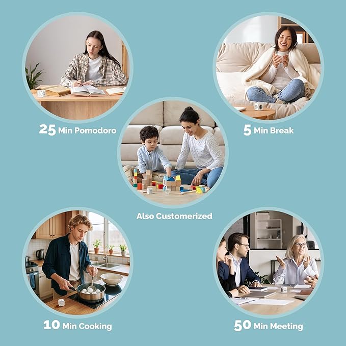 KADAMS Pomodoro Cube Timer Productivity Visual Timer 5/10/25/50 Min Customize Timer, Rotating Countdown Countup, Mute - for Work Study Cook Workout Kitchen Classroom for Kid (White)