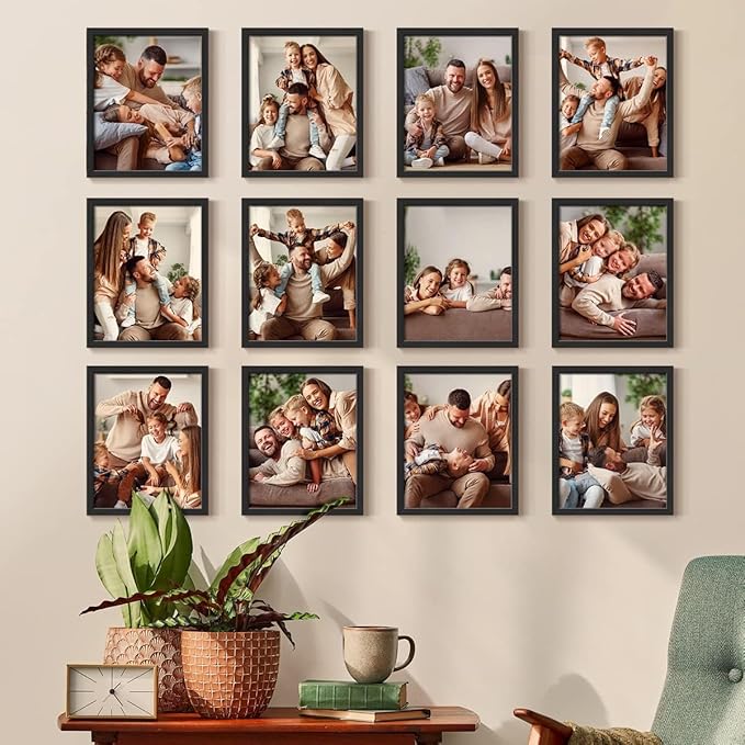 Renditions Gallery Set of 12, 8X10 Custom Photo Prints with Real Wood Picture Frames. Create Personalized Photos with Peel & Stick Photo Frames. Black Frame