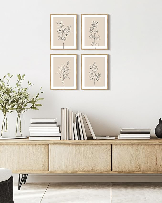 Drsoum Botanical Boho Framed Wall Art Wooded Minimalist Aesthetic Flower Prints Farmhouse Retro Plants Rustic Bathroom Kitchen Home Decor Ready to Hang 11x14inx4pcs (Natural Framed)