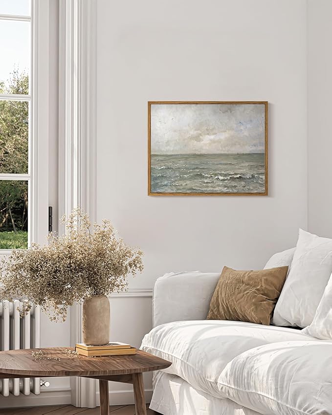 VIYYIEA Ocean Landscape Framed Wall Art, Seascape Vintage Paintings Art Decor Aesthetic, Canvas Print Artwork, Calming Sea Wall Pictures for Bedroom Bathroom Office, 11x14 Inch