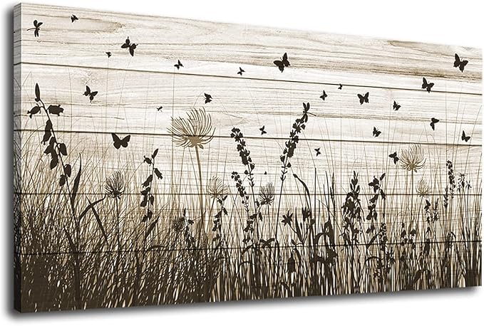 Wildflower Wall Art Autumn Canvas Picture Butterfly Grass Dandelion Artwork Vintage Wooden Board Painting Prints for Bedroom Living Room Office Home Kitchen Wall Decor Framed Ready to Hang 24" x 48"