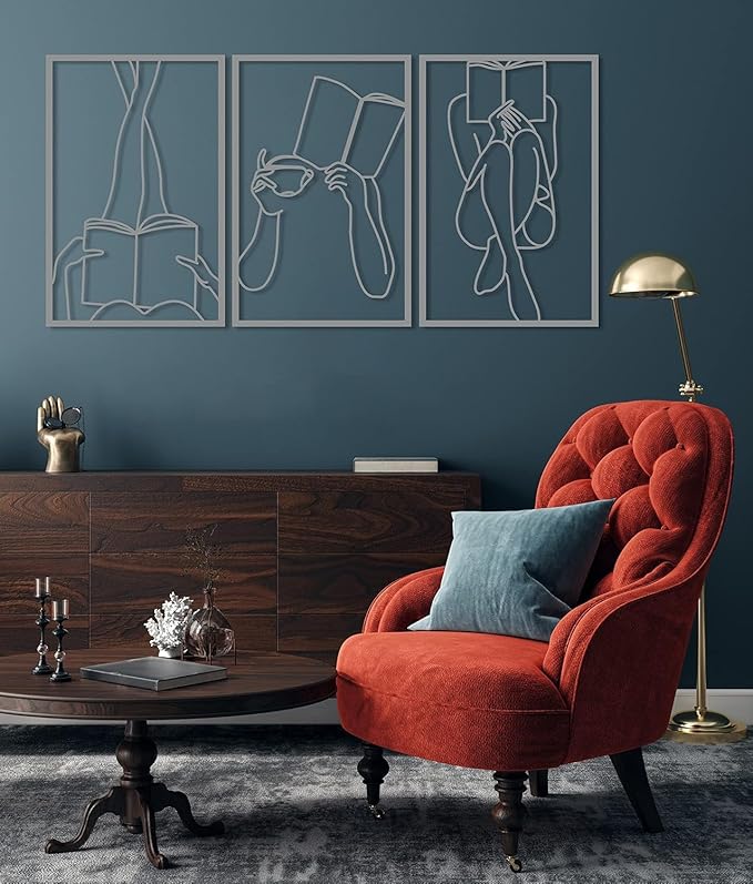 Set of 3 Bookish Metal One Line Art, Woman Reading Book, Minimal Artwork, Feminine Art, Aesthetic Room Decor, Book Lover Art, Above Bed Decor, Home Decor (Silver, 31.5 x 64.3” / 80 x 163.3 cm (total size))