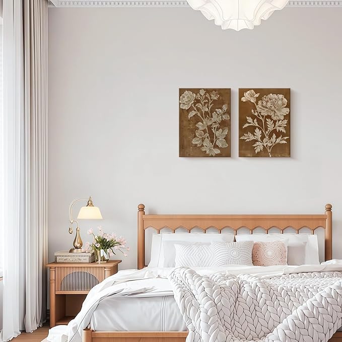 2 Pcs Framed Vintage Botanical Floral Wall Art Brown Flowers Wall Decor Antique Plant Pictures Nature Boho Wildflower Poster Print for Living Room Bedroom 12x16 inch Ready to Hang