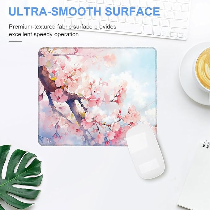 Mouse Pad, Watercolor Pink Cherry Blossoms Mouse Pads for Desk,Soft Computer Mouse Mat Square Waterproof Non-Slip Rubber Base Gaming MousePads for Women Men,Laptop,Office
