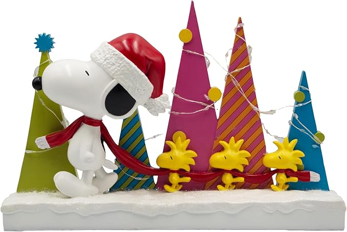 Mark Feldstein, Peanuts Snoopy and Woodstock Holiday Tree Parade LED Tabletop Figurine, 8.5 Inch