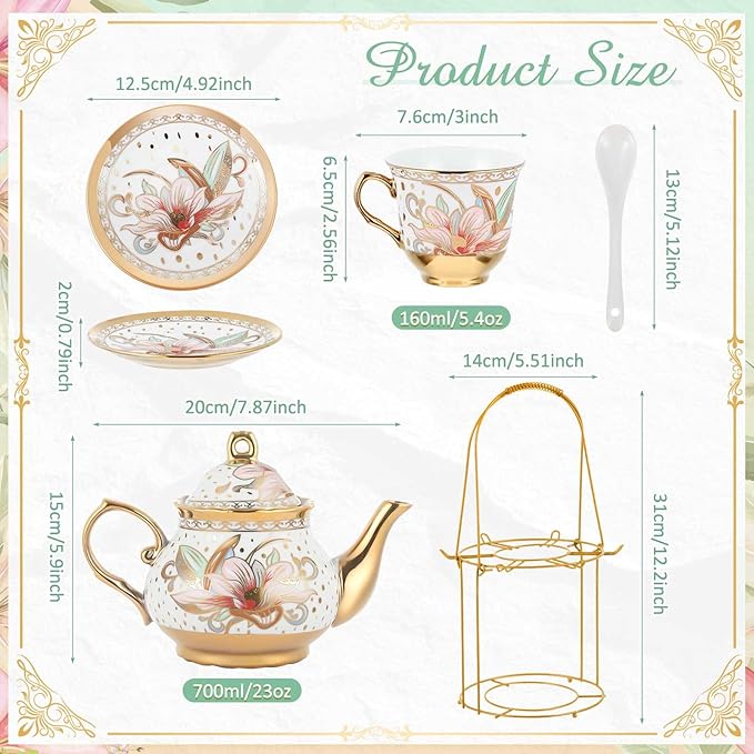 Zhehao 20 Pcs Porcelain Tea Set with Metal Holder and Spoon Adult Ceramic Tea Set European Flower Painting Teapot Cup Saucer Spoon for Women, Large Version(Traditional Style)