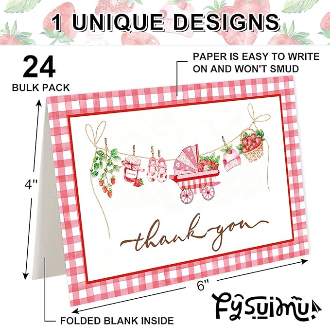 24 Pack Strawberry Baby Shower Thank You Cards Greeting Cards Plaid Blank Note Card with Envelopes Stickers for Girl Birthday Gender Reveal, 4 x 6 Inch