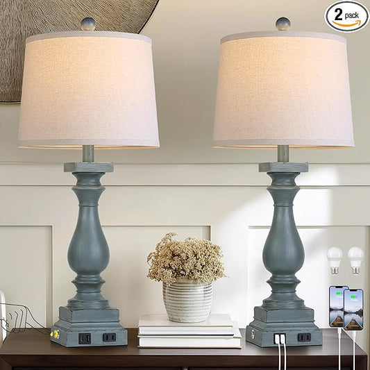 28" Tall Farmhouse Table Lamps Set of 2 with USB C+A Ports and AC Outlet, 3 Way Touch Control Rustic Bedside Lamp for Bedroom, Blue Vintage Nightstand Lamp for Living Room Office
