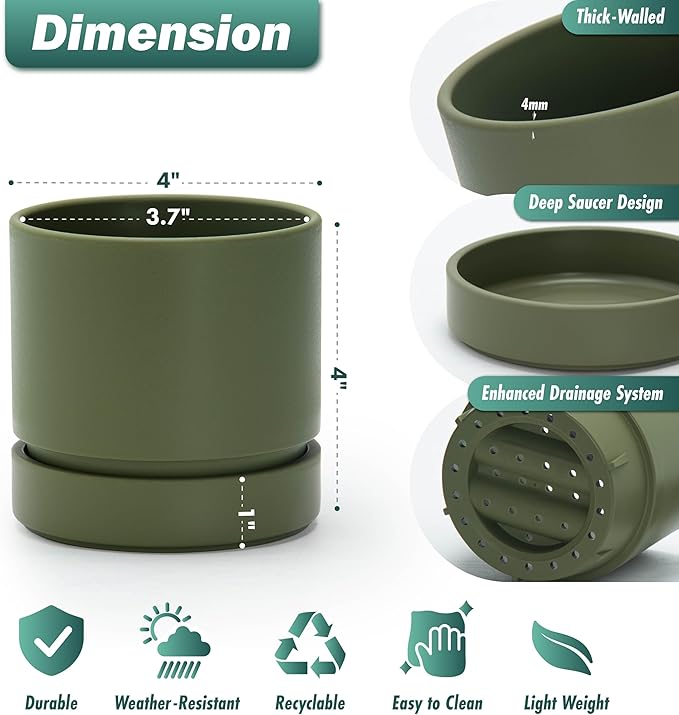 Phoenix Vine 4 Inch Planter Pot with Drainage Hole & Saucer, Deep Water Catch Tray, Straight Cylindrical Round Pot for Plants, Olive, Pack of 2, 23-F-R-2