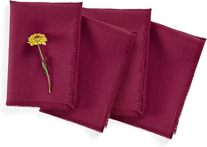 Solino Home Beet Linen Napkins Set of 4-100% Pure Linen Fringe Dinner Napkins 20 x 20 Inch for Valentines, Winter
