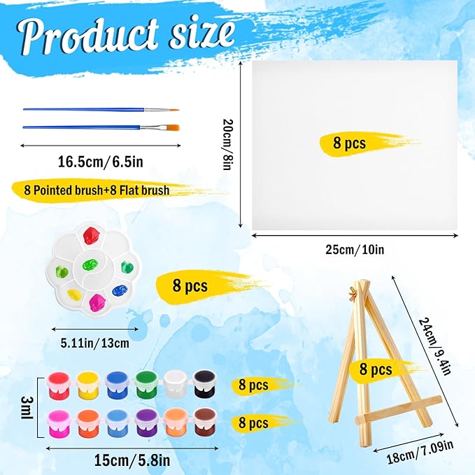 8 Pack Mini Canvas and Easel Set, 16 Acrylic Paint Set in 12 Colors with 16Brushes & 8 Paint Trays,8 X 10 in Mini Painting Canvas for Drawing, Art Painting Kits for Birthday Party Favors