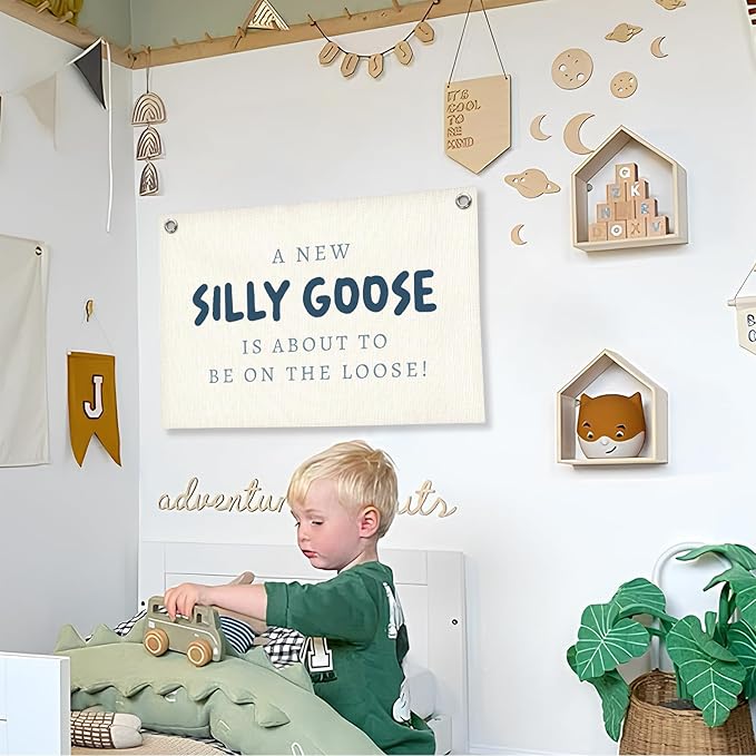 Silly Goose Kids Room Decor, A New Silly Goose Linen Canvas Banner, Blue Goose Nursery Wall Hanging for Boys Girls Room, Playroom Decor Banner Nursery Wall Art Boy Playroom Decor, 30x20 Inch