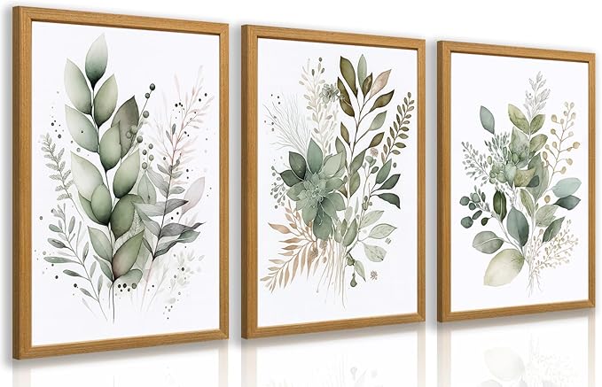 HLXRAE Watercolor Botanical Wall Art Set of 3, Neutral Sage Green Bathroom Wall Decor, Modern Floral Canvas Paintings, Minimalist Farmhouse Poster Prints for Bedroom Living Room Wood Framed 12x16 Inch