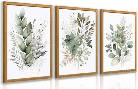 HLXRAE Watercolor Botanical Wall Art Set of 3, Neutral Sage Green Bathroom Wall Decor, Modern Floral Canvas Paintings, Minimalist Farmhouse Poster Prints for Bedroom Living Room Wood Framed 16x24 Inch