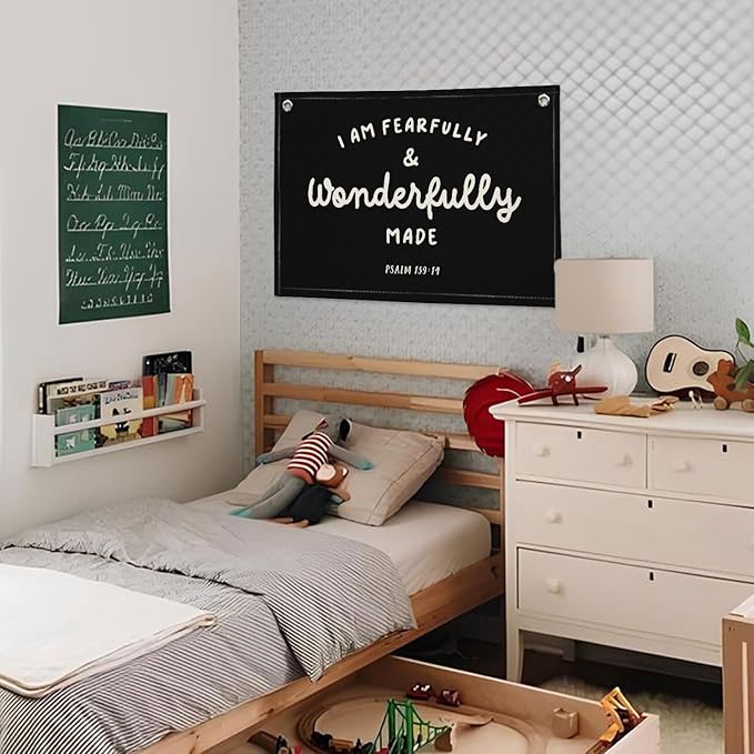 Kids Room Decor - Bible Verse Wall Hanging, 'I am Fearfully and Wonderfully Made' Linen Banner, Canvas Decoration for Classroom, Nursery - Black