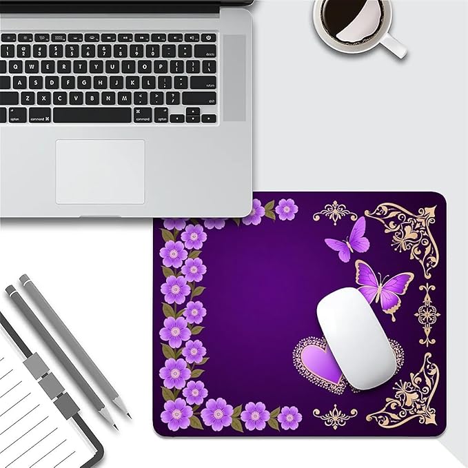Square Mouse Pad Purple Butterfly, Personalized Premium-Textured Custom Mouse Mat Design, Washable Mousepad Cloth, Non-Slip Rubber Base Computer Mouse Pads for Wireless Mouse