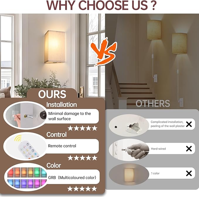 Adhesive Battery Operated Wall Sconce Set of 2, 5000 mAh Battery Rechargeable Bulb with 12 RGB Colors, Stick on Wall Sconce No Drill Wall Lights, Linen