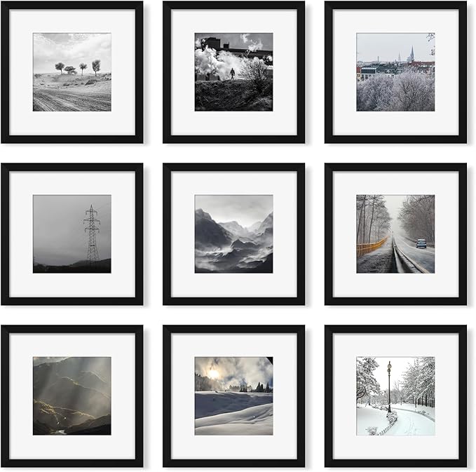 12x12 Picture Frame Set of 9, Photo Gallery Wall Frame Set, Display Pictures 8x8 with Mat or 12 x 12 Without Mat, Square Frame Picture Frames Collage Wall Decor, Black