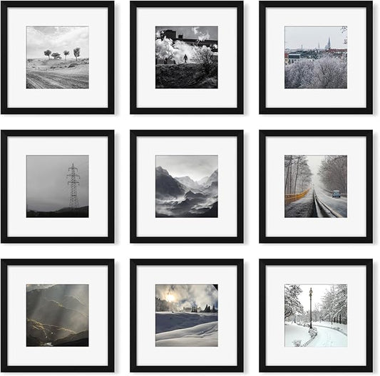 12x12 Picture Frame Set of 9, Photo Gallery Wall Frame Set, Display Pictures 8x8 with Mat or 12 x 12 Without Mat, Square Frame Picture Frames Collage Wall Decor, Black