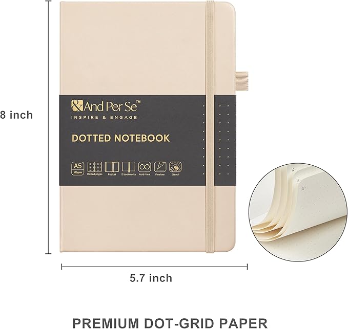&And Per Se Bullet Dotted Journal Kit, A5 Hardcover Dotted Journaling Set (Light Apricot), 6 Fineliner Pens, 8 Sticker & 5 Stencil Sheets, 6 Washi Tapes with Giftable Box