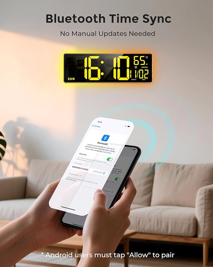 16.5" Large Digital Wall Clock with BT Sync, RGB Lights with 11 Scenes Mode Remote Control, Big LED Clock with Dual Alarms, Auto DST, Temperature for Classroom Gaming