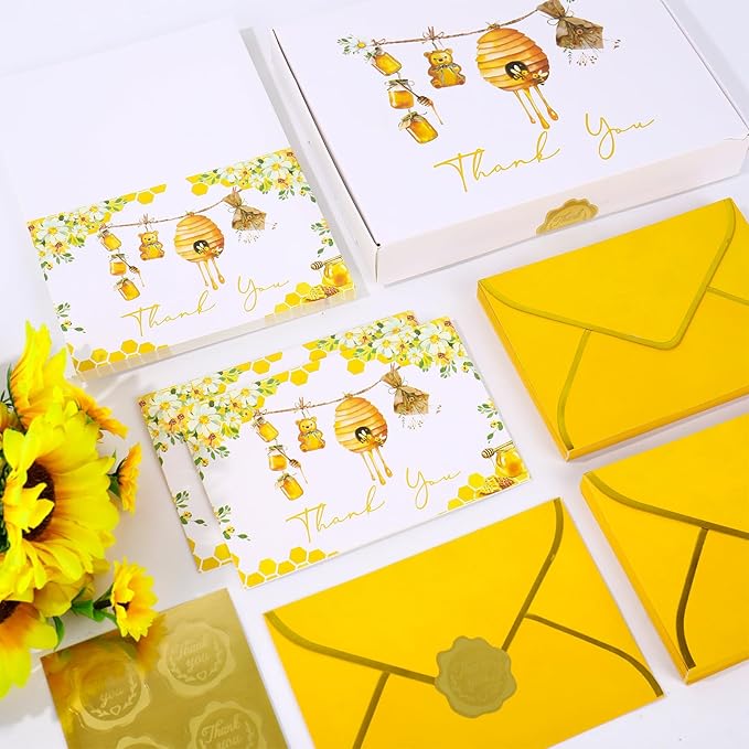 Whaline 50 Pack Little Honey Bee Baby Shower Thank You Cards Boxed Greeting Cards with Envelopes Stickers Honeycomb Flower Blank Note Card for Summer Birthday Party Supplies