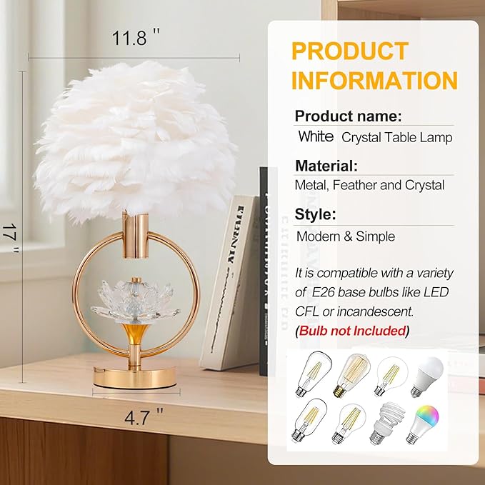 ZYLEIESENBAO Chic White Feather Lamp 17IN Modern Crystal Fluffy Table Lamp Cute Romantic Bedside Nightstand Light Nordic Desk Lamp for Girl Bedroom Living Room Entry Office Wedding Christmas Gift