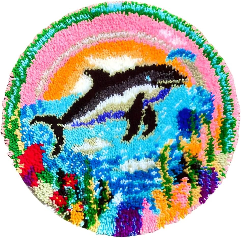 MeoobkCraft Latch Hook Rug Kits for Adults, Dolphin Latch Hook Kit, Ocean DIY Beginner Craft, Home Decor 19.7x19.7in by MeoobkCraft