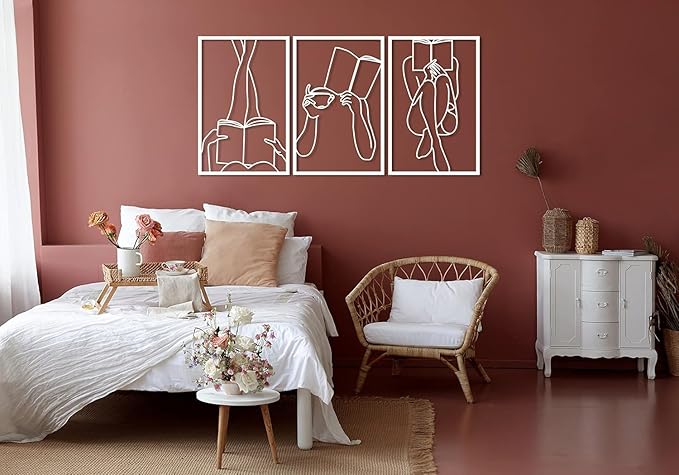 Set of 3 Bookish Metal One Line Art, Woman Reading Book, Minimal Artwork, Feminine Art, Aesthetic Room Decor, Book Lover Art, Above Bed Decor, Home Decor (Gold, 19.7 x 40.2” / 50 x 102 cm (total size))